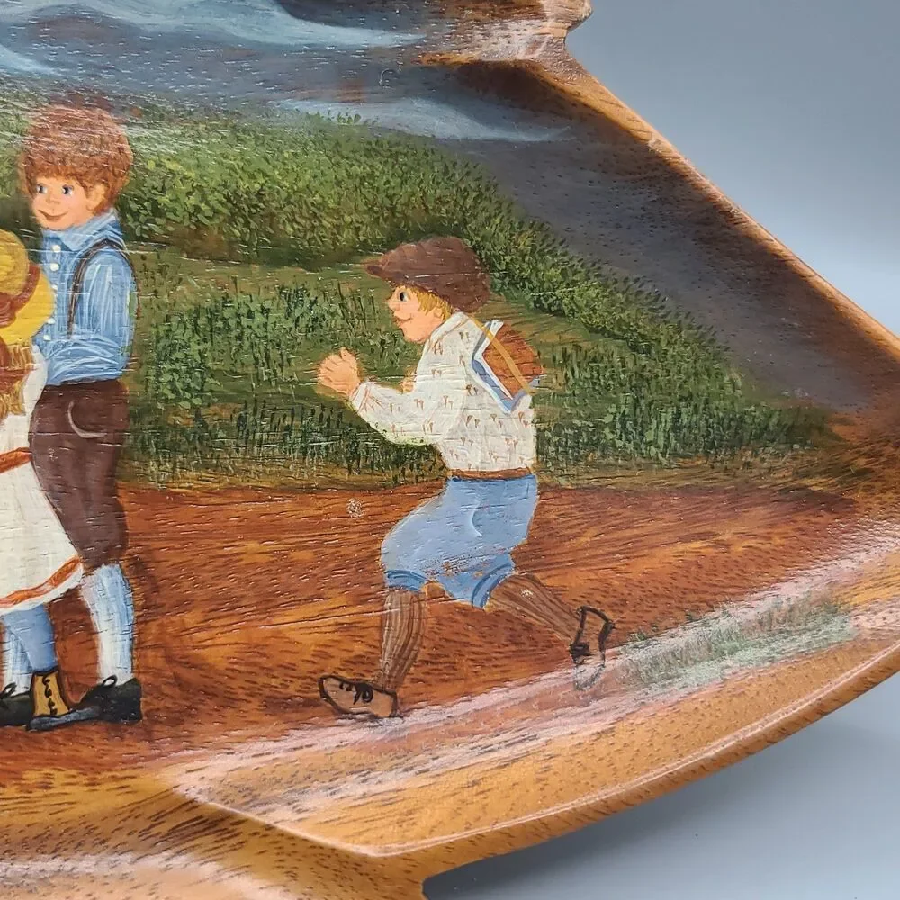 Monkey Pod Wood Hand Painted Country Leaf Platter Philippines Signed Cher 16